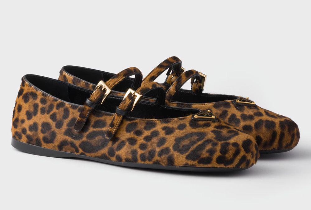 Prada Black Brown Leopard Pony Double Strap Mary Jane Ballerina Ballet Flat 39.5